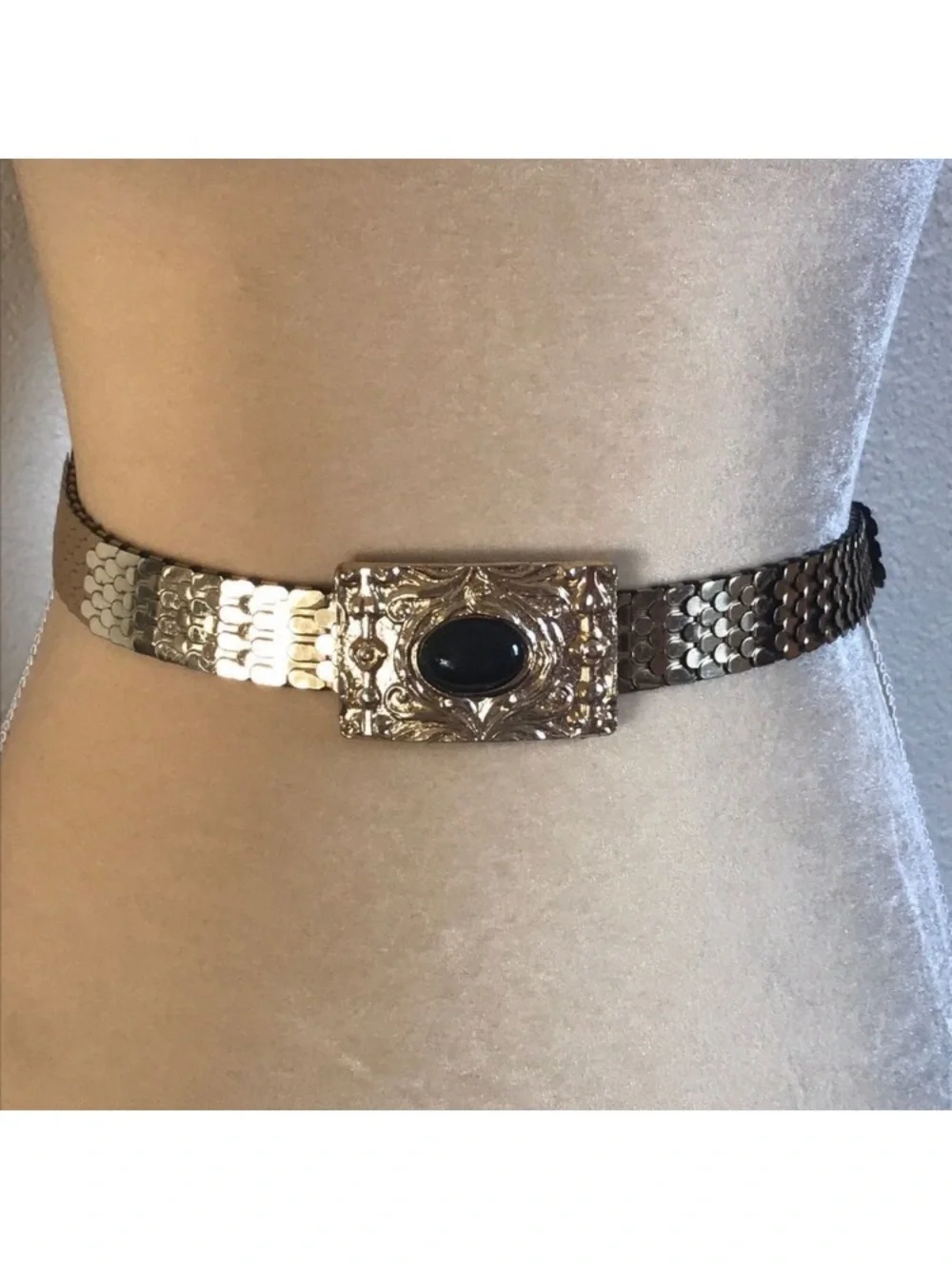 VTG, 1970s Gold Tone Stretch Belt with Black Cabochon